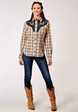 Roper Womens Long Sleeve Snap Brown Plaid Western Shirt With Fancy Curved Yokes Applique On Front Yoke - Roper