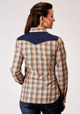 Roper Womens Long Sleeve Snap Brown Plaid Western Shirt With Fancy Curved Yokes Applique On Front Yoke - Roper