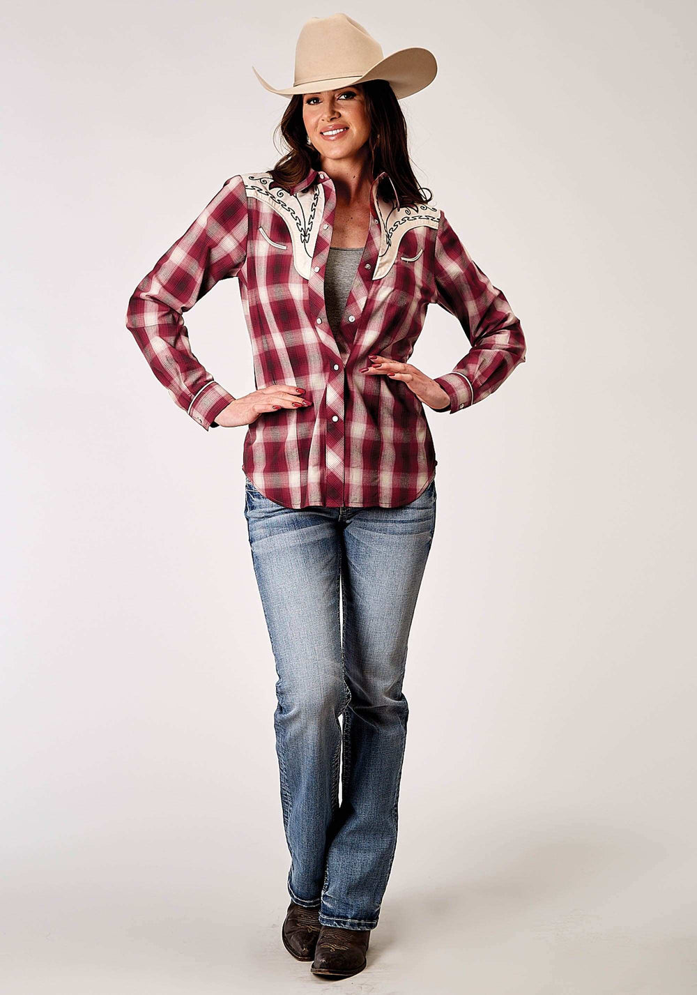 Roper Womens Long Sleeve Snap Red Plaid Western Shirt With Fancy Curved Yokes Applique On Front Yoke - Roper - Flyclothing LLC