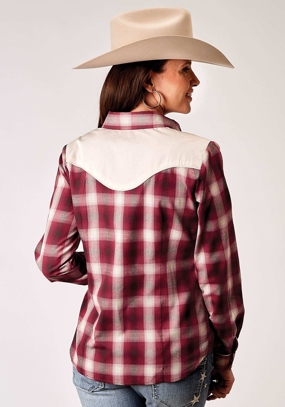 Roper Womens Long Sleeve Snap Red Plaid Western Shirt With Fancy Curved Yokes Applique On Front Yoke - Roper - Flyclothing LLC