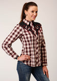 Roper Womens Long Sleeve Snap Wine Black Cream Plaid Western Shirt With Piping And Applique On Yokes - Roper