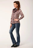 Roper Womens Long Sleeve Snap Wine Black Cream Plaid Western Shirt With Piping And Applique On Yokes - Roper