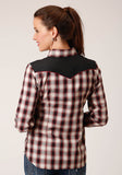 Roper Womens Long Sleeve Snap Wine Black Cream Plaid Western Shirt With Piping And Applique On Yokes - Roper