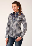 Roper Womens Long Sleeve Snap Navy Cream Tan Small Scale Plaid Western Shirt With Piping And Applique On Yokes - Roper