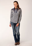 Roper Womens Long Sleeve Snap Navy Cream Tan Small Scale Plaid Western Shirt With Piping And Applique On Yokes - Roper