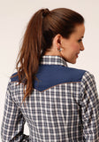 Roper Womens Long Sleeve Snap Navy Cream Tan Small Scale Plaid Western Shirt With Piping And Applique On Yokes - Roper