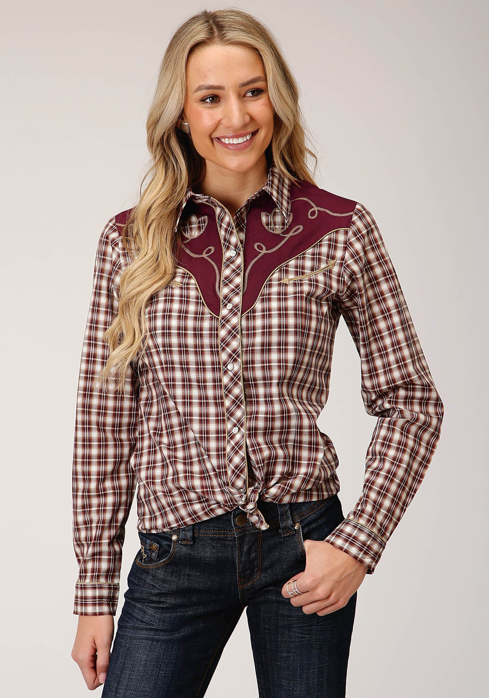 Roper Womens Long Sleeve Snap Wine Cream Tan Small Scale Plaid Western Shirt - Roper
