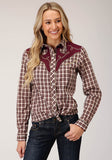 Roper Womens Long Sleeve Snap Wine Cream Tan Small Scale Plaid Western Shirt - Roper
