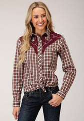Roper Womens Long Sleeve Snap Wine Cream Tan Small Scale Plaid Western Shirt - Roper