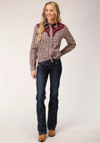Roper Womens Long Sleeve Snap Wine Cream Tan Small Scale Plaid Western Shirt - Roper