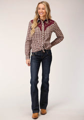 Roper Womens Long Sleeve Snap Wine Cream Tan Small Scale Plaid Western Shirt - Roper