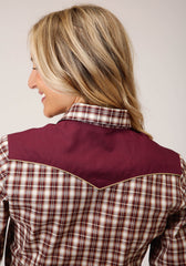 Roper Womens Long Sleeve Snap Wine Cream Tan Small Scale Plaid Western Shirt - Roper