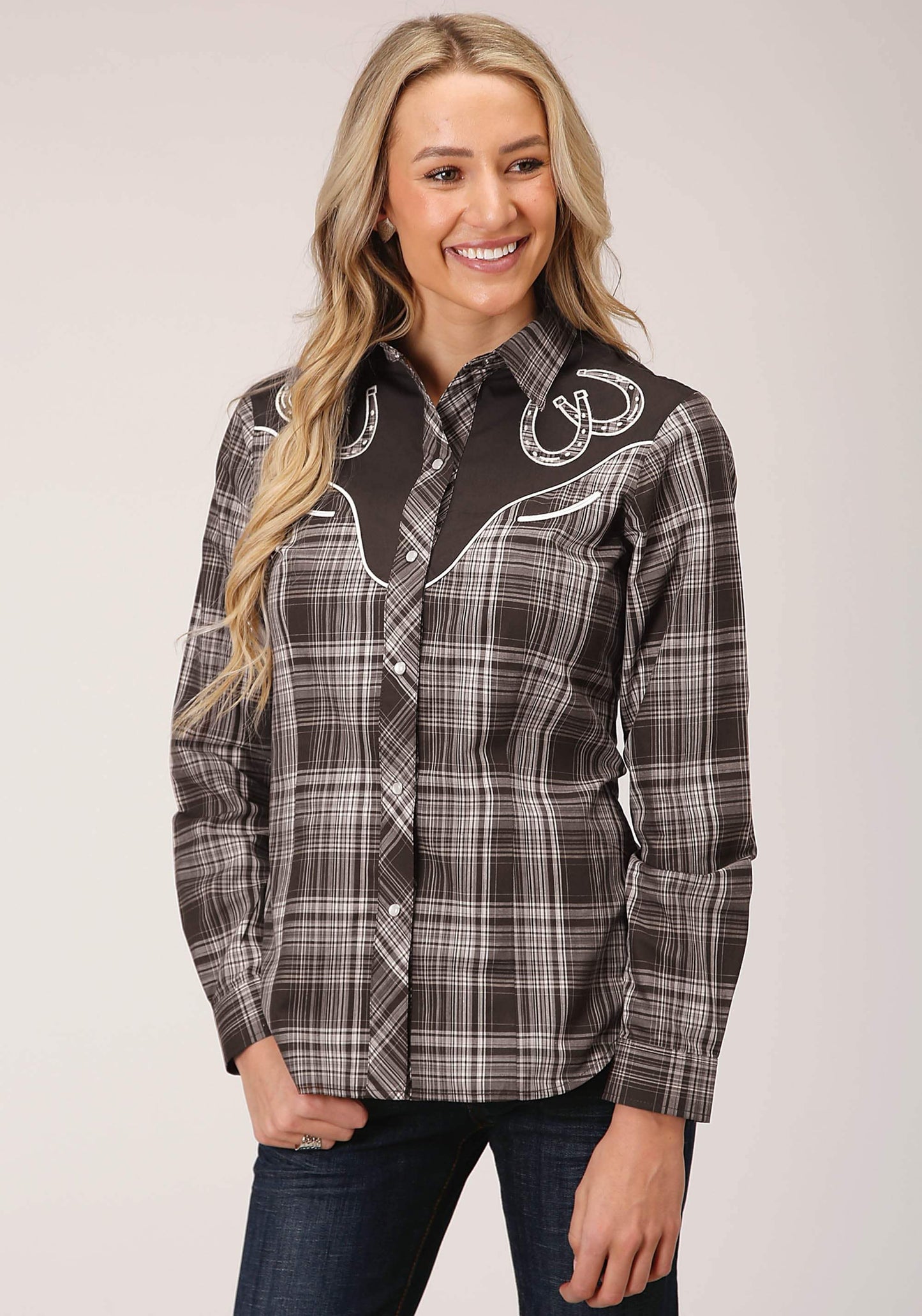 Roper Womens Long Sleeve Snap Chocolate And Cream Plaid Western Shirt - Roper - Flyclothing LLC