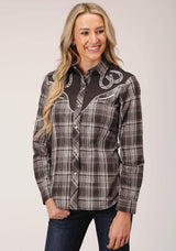 Roper Womens Long Sleeve Snap Chocolate And Cream Plaid Western Shirt - Roper - Flyclothing LLC