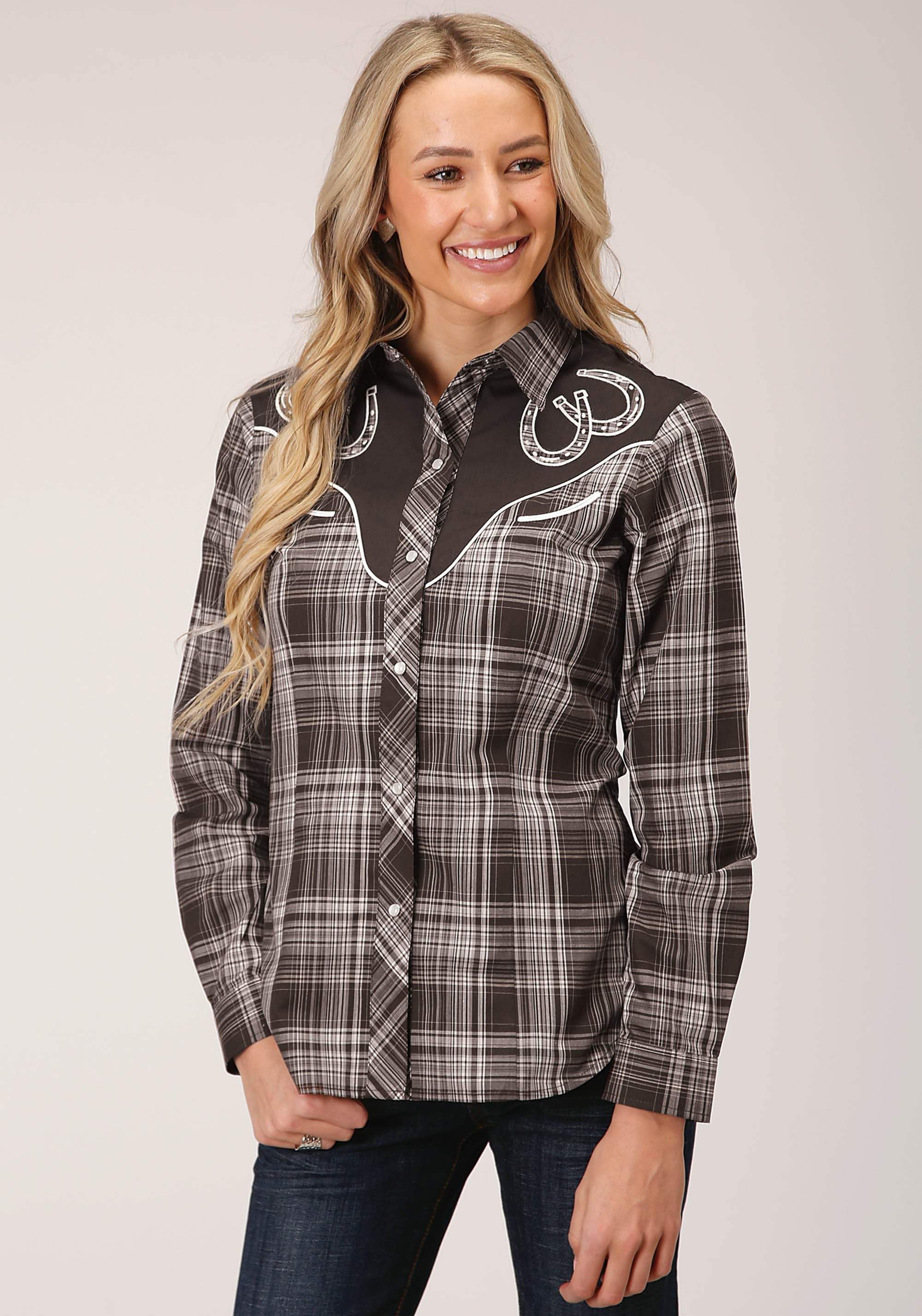 Roper Womens Long Sleeve Snap Chocolate And Cream Plaid Western Shirt - Roper - Flyclothing LLC