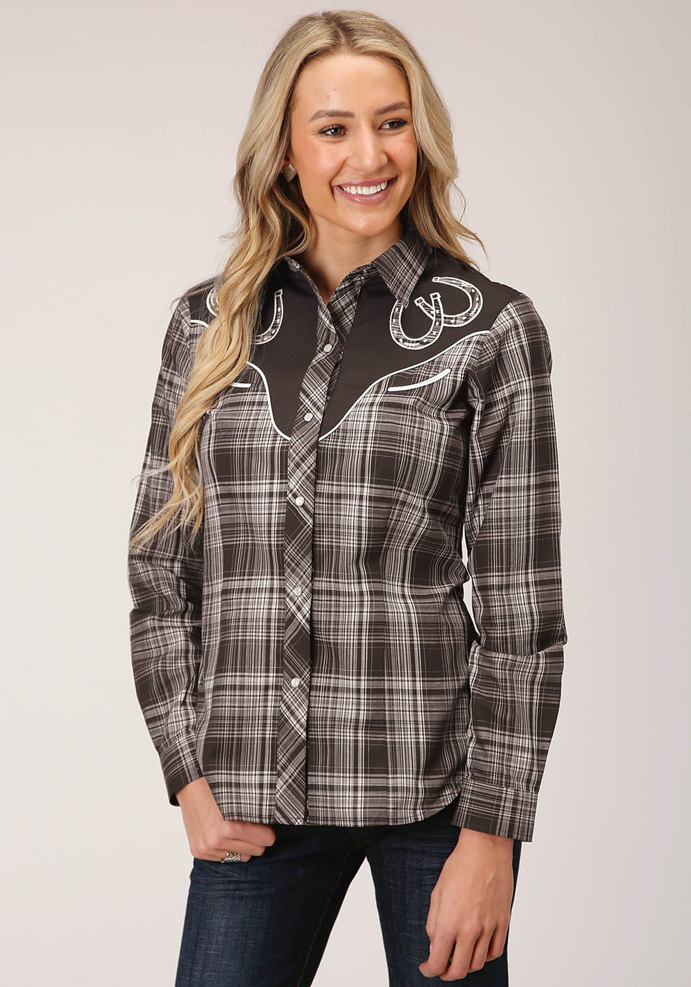Roper Womens Long Sleeve Snap Chocolate And Cream Plaid Western Shirt - Roper
