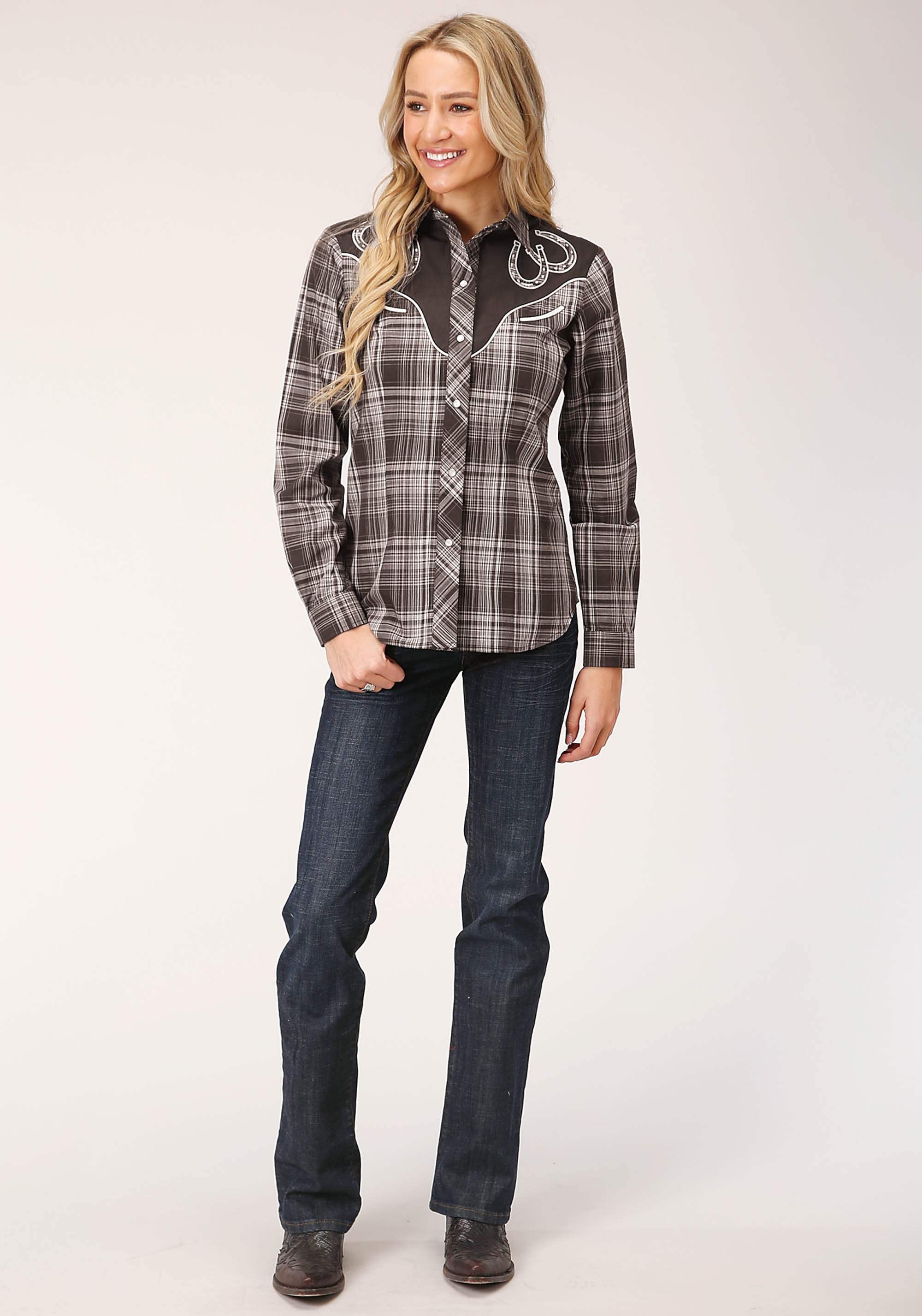 Roper Womens Long Sleeve Snap Chocolate And Cream Plaid Western Shirt - Roper - Flyclothing LLC