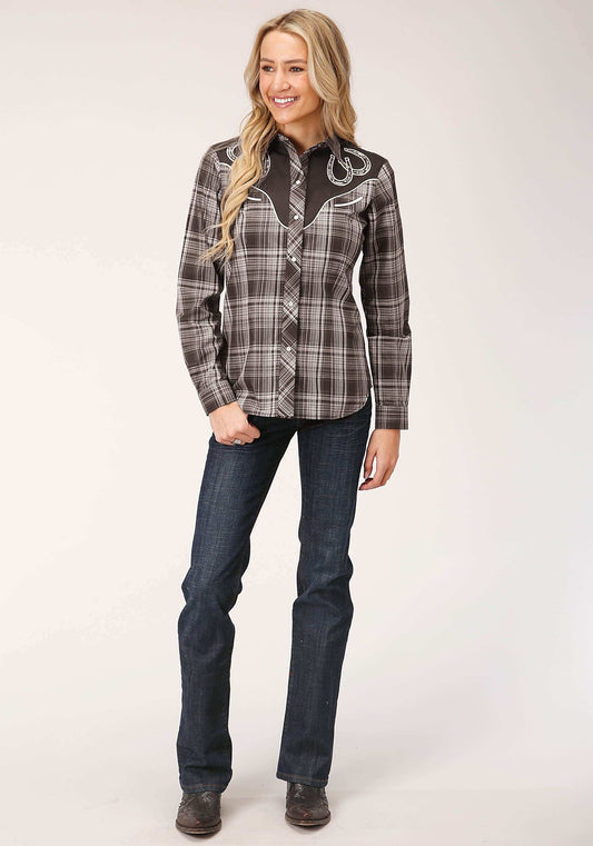 Roper Womens Long Sleeve Snap Chocolate And Cream Plaid Western Shirt - Roper - Flyclothing LLC