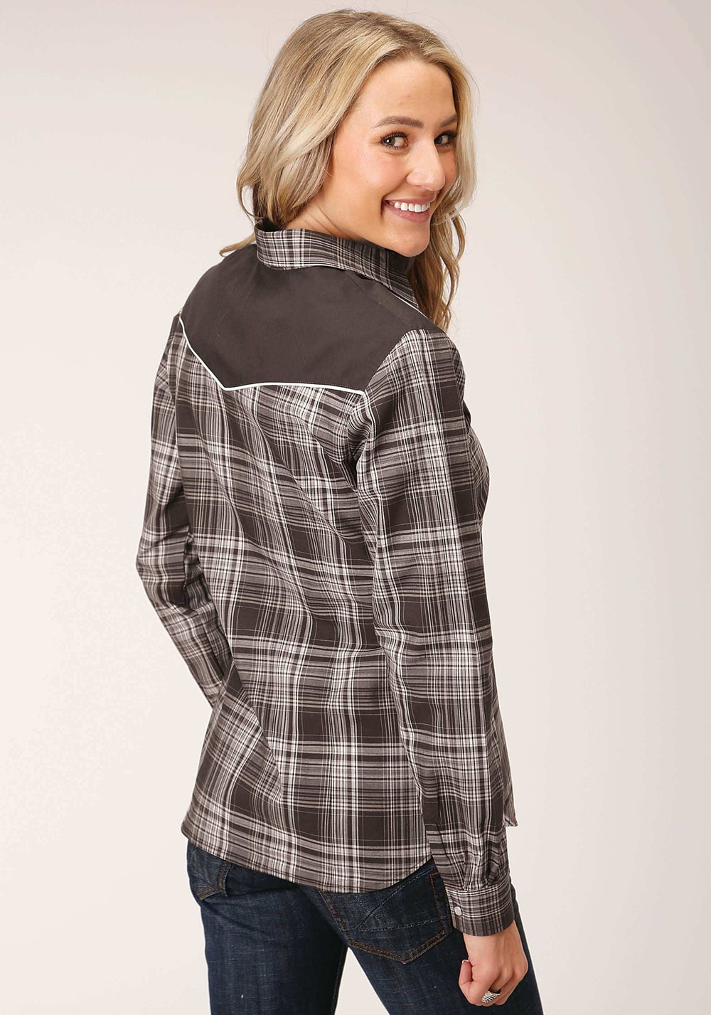 Roper Womens Long Sleeve Snap Chocolate And Cream Plaid Western Shirt - Roper - Flyclothing LLC
