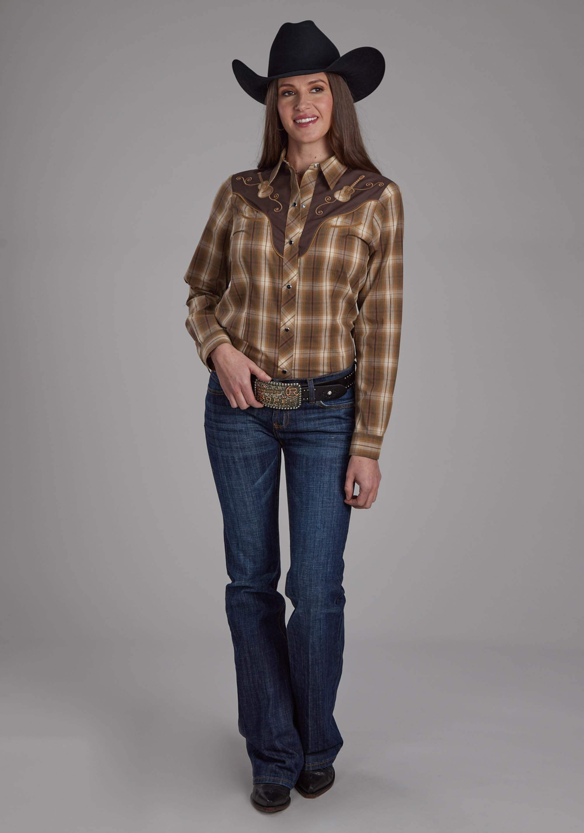 Roper Womens Tobacco, Black, And Red Plaid Long Sleeve Snap Western Shirt - Roper - Flyclothing LLC