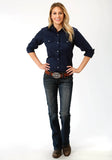 Roper Womens Blue Solid Long Sleeve Snap Western Shirt - Roper