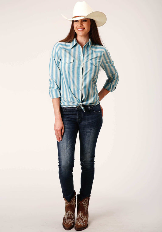 Roper Womens Long Sleeve Snap Aqua And Cream Ombre Stripe Western Shirt - Roper - Flyclothing LLC