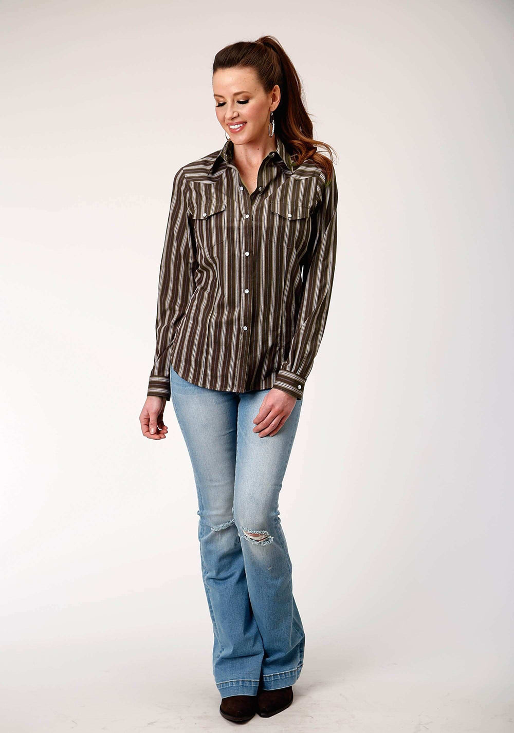 Roper Womens Long Sleeve Snap Chocolate Stripe Western Shirt - Roper - Flyclothing LLC
