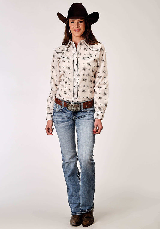 Roper Womens Long Sleeve Snap Vintage Floral Western Shirt With Solid Piping On Front And Back Yokes Smile Pockets - Roper - Flyclothing LLC