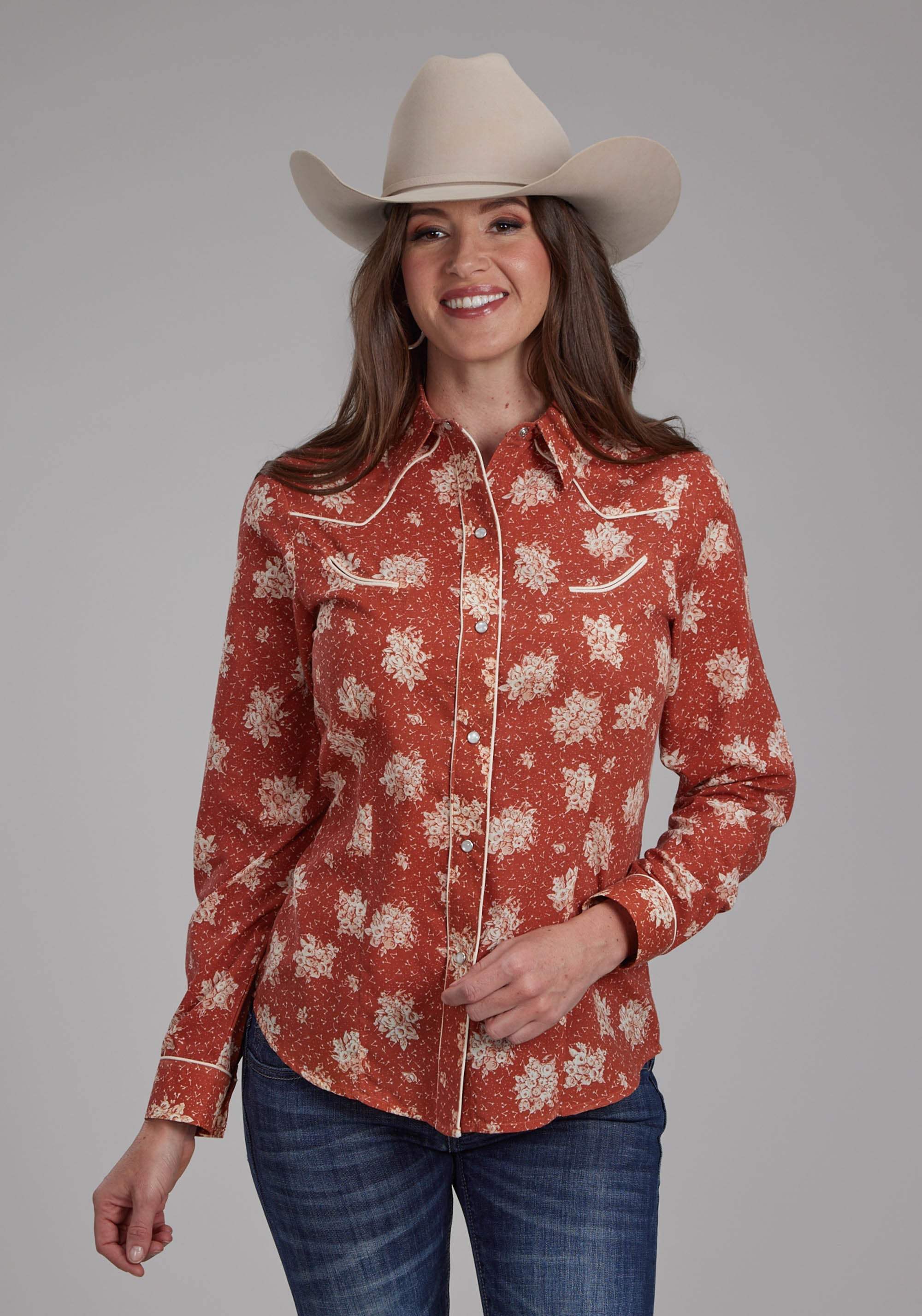 Roper Womens Orange And Cream Floral Print Long Sleeve Snap Western Shirt - Roper - Flyclothing LLC