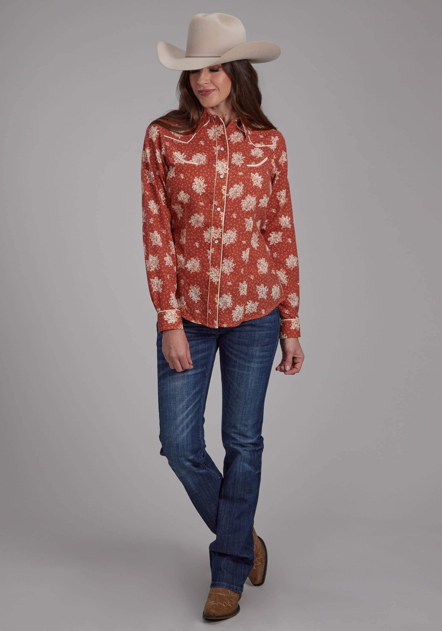Roper Womens Orange And Cream Floral Print Long Sleeve Snap Western Shirt - Roper - Flyclothing LLC