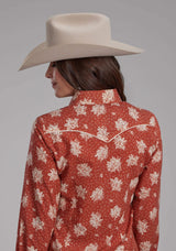 Roper Womens Orange And Cream Floral Print Long Sleeve Snap Western Shirt - Roper - Flyclothing LLC