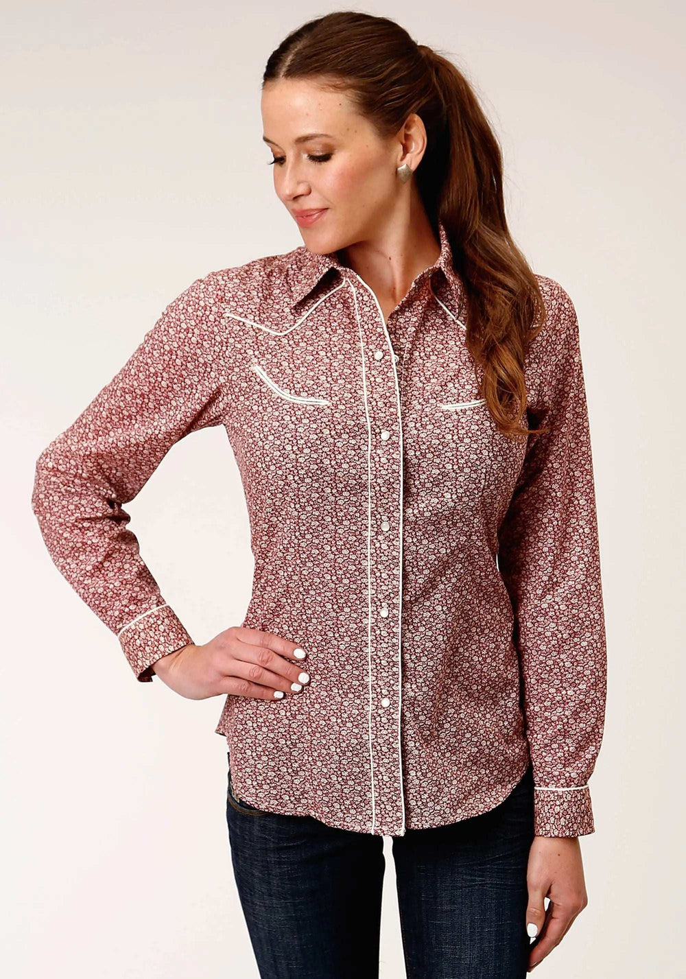 Roper Womens Long Sleeve Snap Red And Cream Vintage Floral Print Western Shirt - Roper - Flyclothing LLC