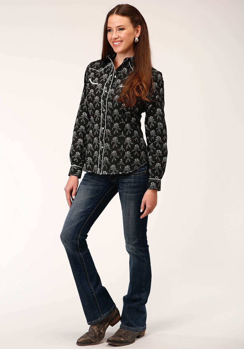 Roper Womens Long Sleeve Snap Black And Cream Floral Print Western Shirt - Roper - Flyclothing LLC