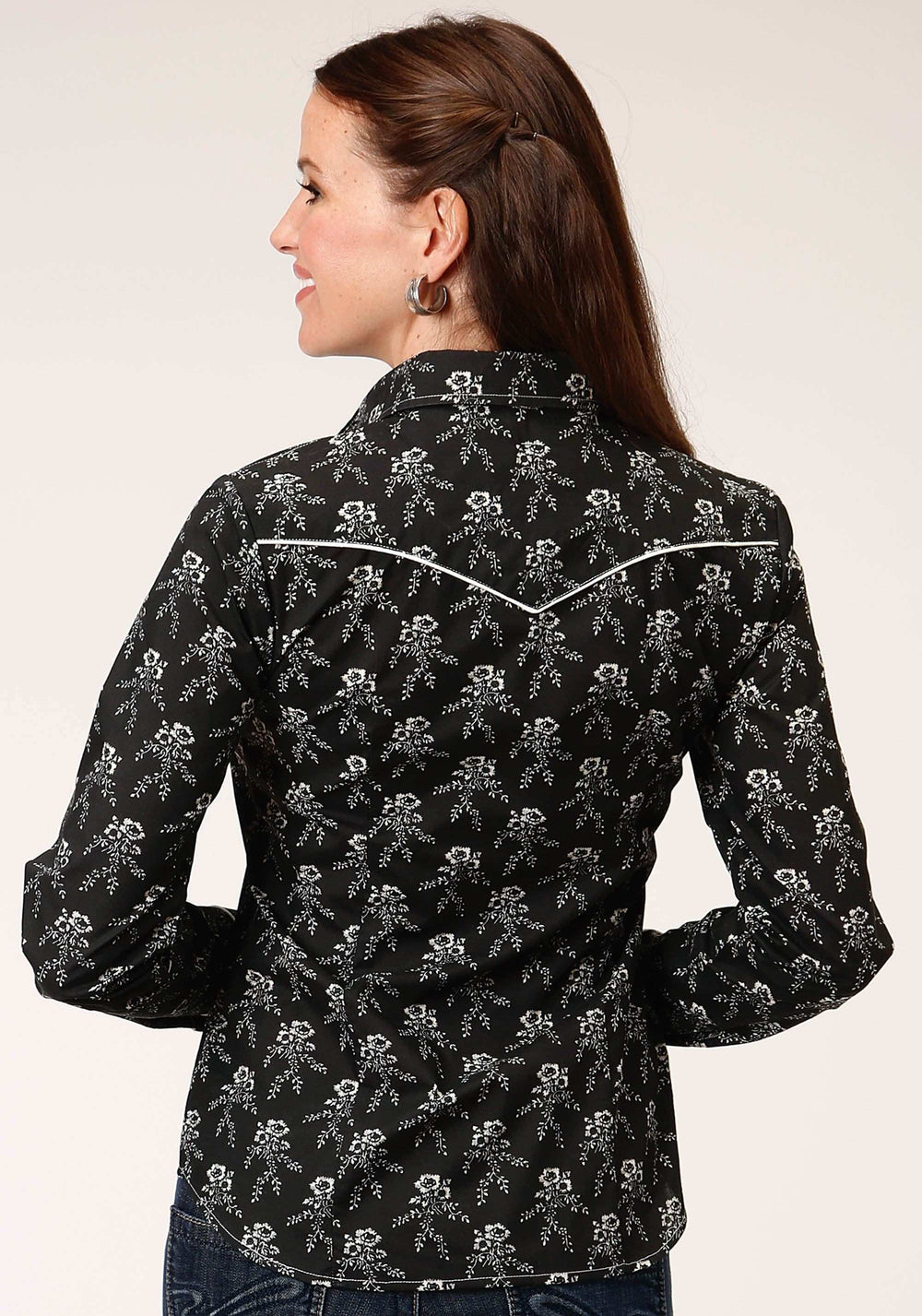 Roper Womens Long Sleeve Snap Black And Cream Floral Print Western Shirt - Roper - Flyclothing LLC