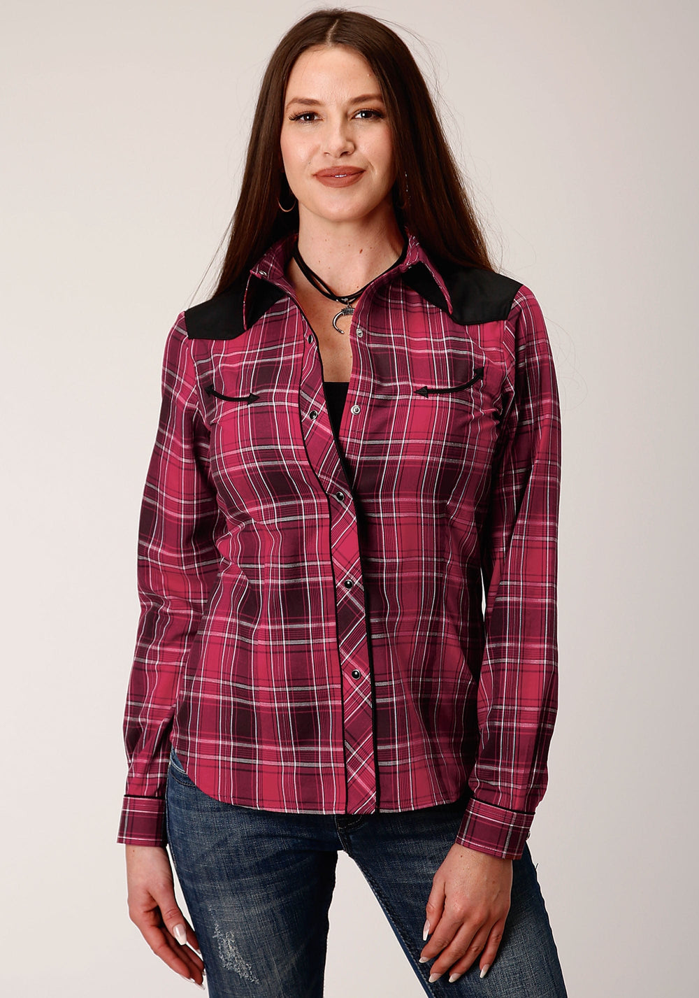 Roper Womens Long Sleeve Snap Bright Red Plaid Western Shirt - Roper