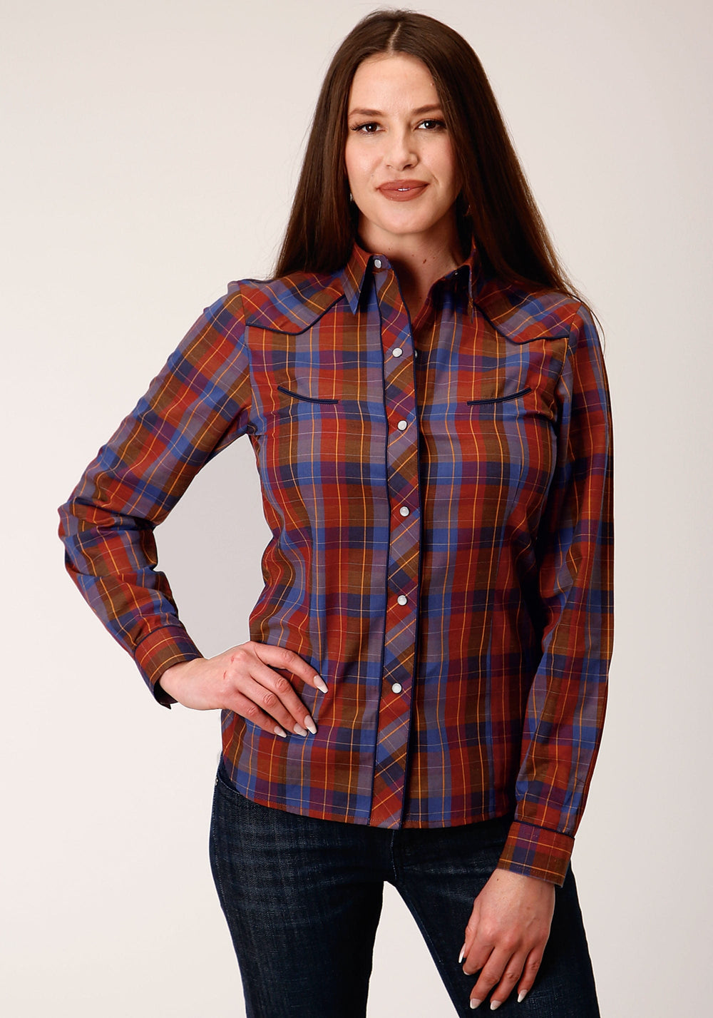 Roper Womens Long Sleeve Snap Wine And Peri Windowpane Western Shirt - Roper