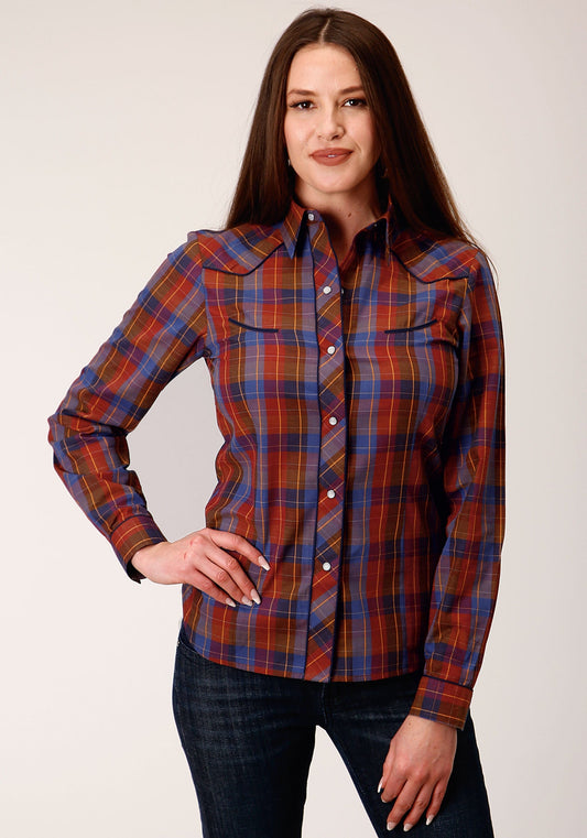 Roper Womens Long Sleeve Snap Wine And Peri Windowpane Western Shirt - Roper