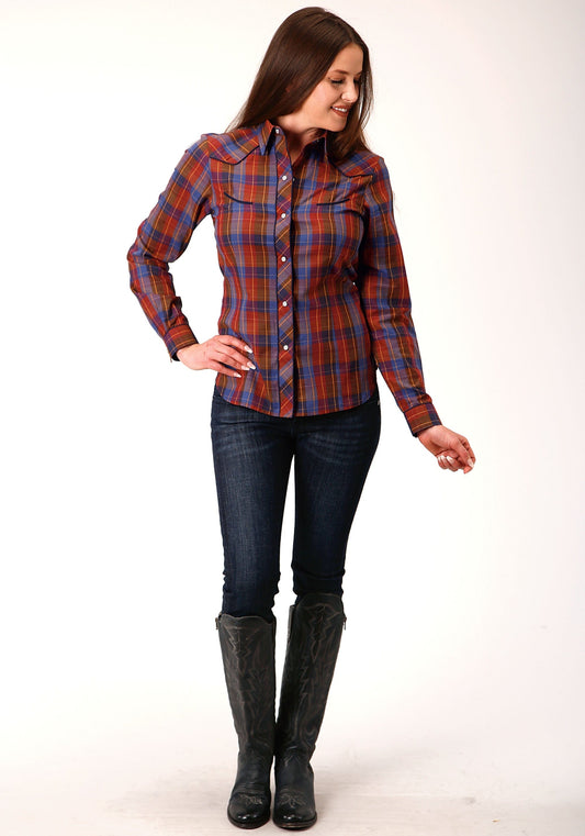 Roper Womens Long Sleeve Snap Wine And Peri Windowpane Western Shirt - Roper