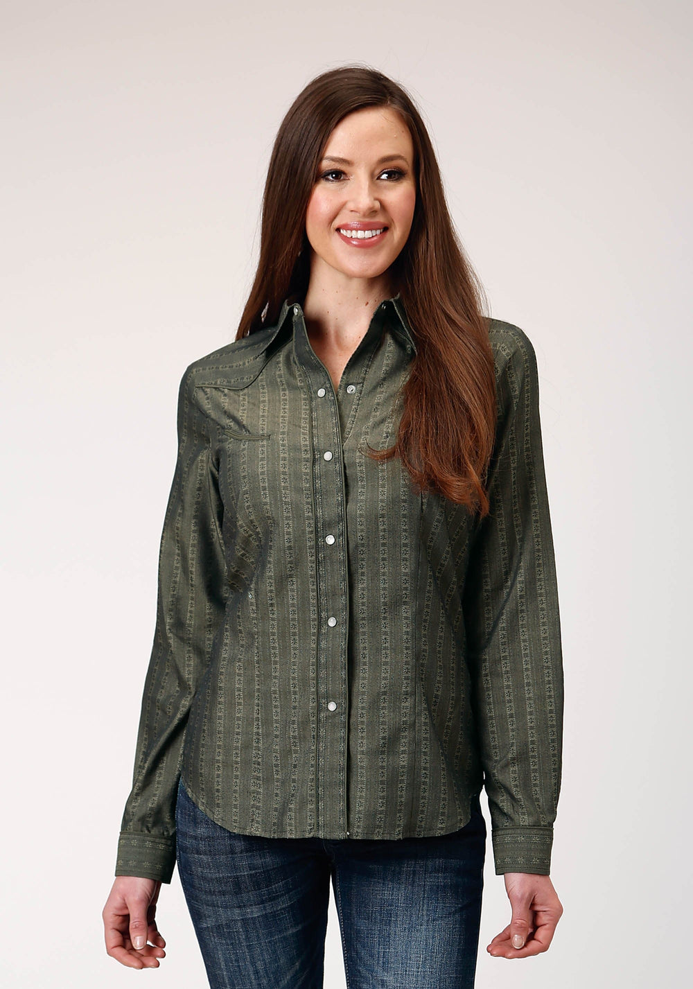 Roper Womens Long Sleeve Snap Grey Floral Tone On Tone Strip Western Shirt With Solid Piping And Smile Pockets - Roper