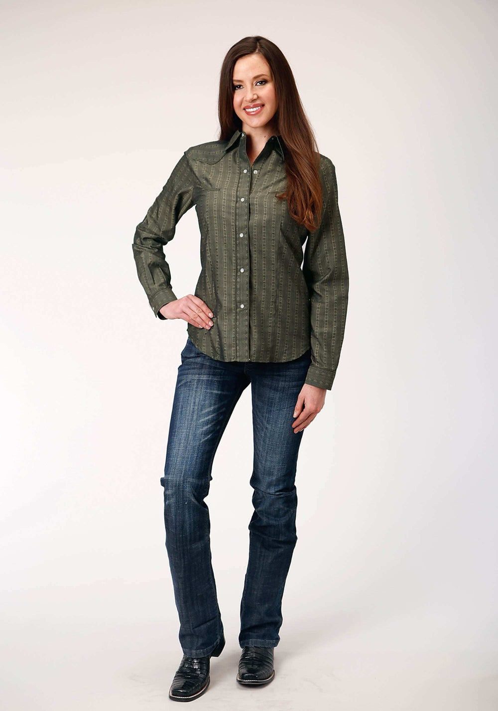 Roper Womens Long Sleeve Snap Grey Floral Tone On Tone Strip Western Shirt With Solid Piping And Smile Pockets - Roper - Flyclothing LLC