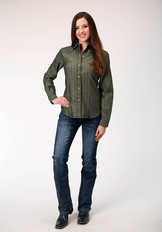 Roper Womens Long Sleeve Snap Grey Floral Tone On Tone Strip Western Shirt With Solid Piping And Smile Pockets - Roper
