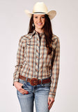 Roper Womens Long Sleeve Snap Brown Plaid Western Shirt With Solid Piping On Front And Back Yokes Smile Pockets - Roper