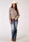 Roper Womens Long Sleeve Snap Brown Plaid Western Shirt With Solid Piping On Front And Back Yokes Smile Pockets - Roper