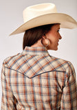 Roper Womens Long Sleeve Snap Brown Plaid Western Shirt With Solid Piping On Front And Back Yokes Smile Pockets - Roper