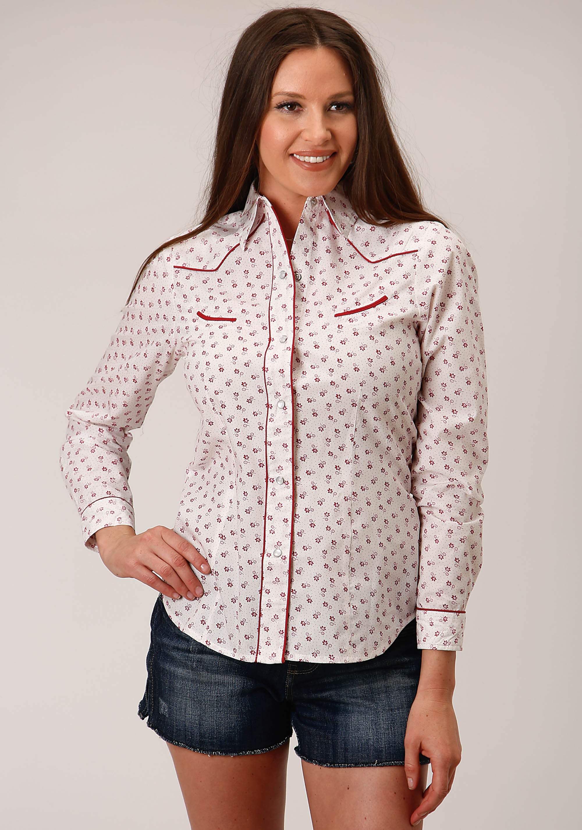 Roper Womens Long Sleeve Snap White And Red Floral Print Western Shirt - Roper - Flyclothing LLC