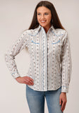Roper Womens Long Sleeve Snap Brown And Blue Wallpaper Stripe Western Shirt - Roper