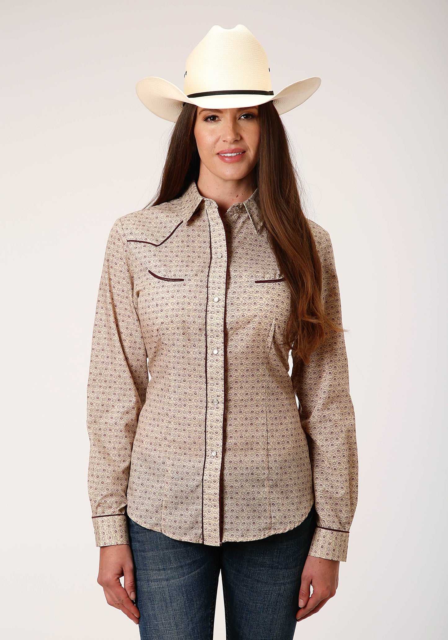Roper Womens Long Sleeve Snap Beige And Rust Vintage Floral Print West
