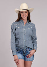 Womens Roper Blue  Cream Floral Wallpaper Stripe Long Sleeve Snap Shir