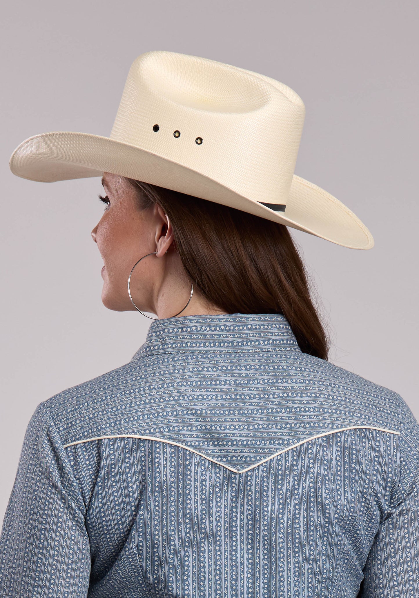 Womens Roper Blue  Cream Floral Wallpaper Stripe Long Sleeve Snap Shirt