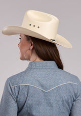 Womens Roper Blue  Cream Floral Wallpaper Stripe Long Sleeve Snap Shirt